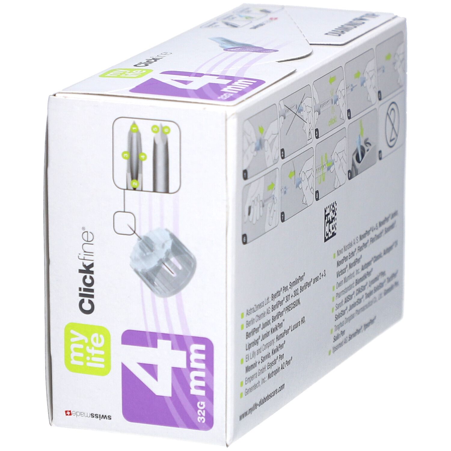 Verpackung von mylife Clickfine Pen-Nadeln 4 mm 32G. Aufdrucke: mylife, Clickfine, 4 mm, 32G. Abbildungen: Nadel und Anwendungshinweise.