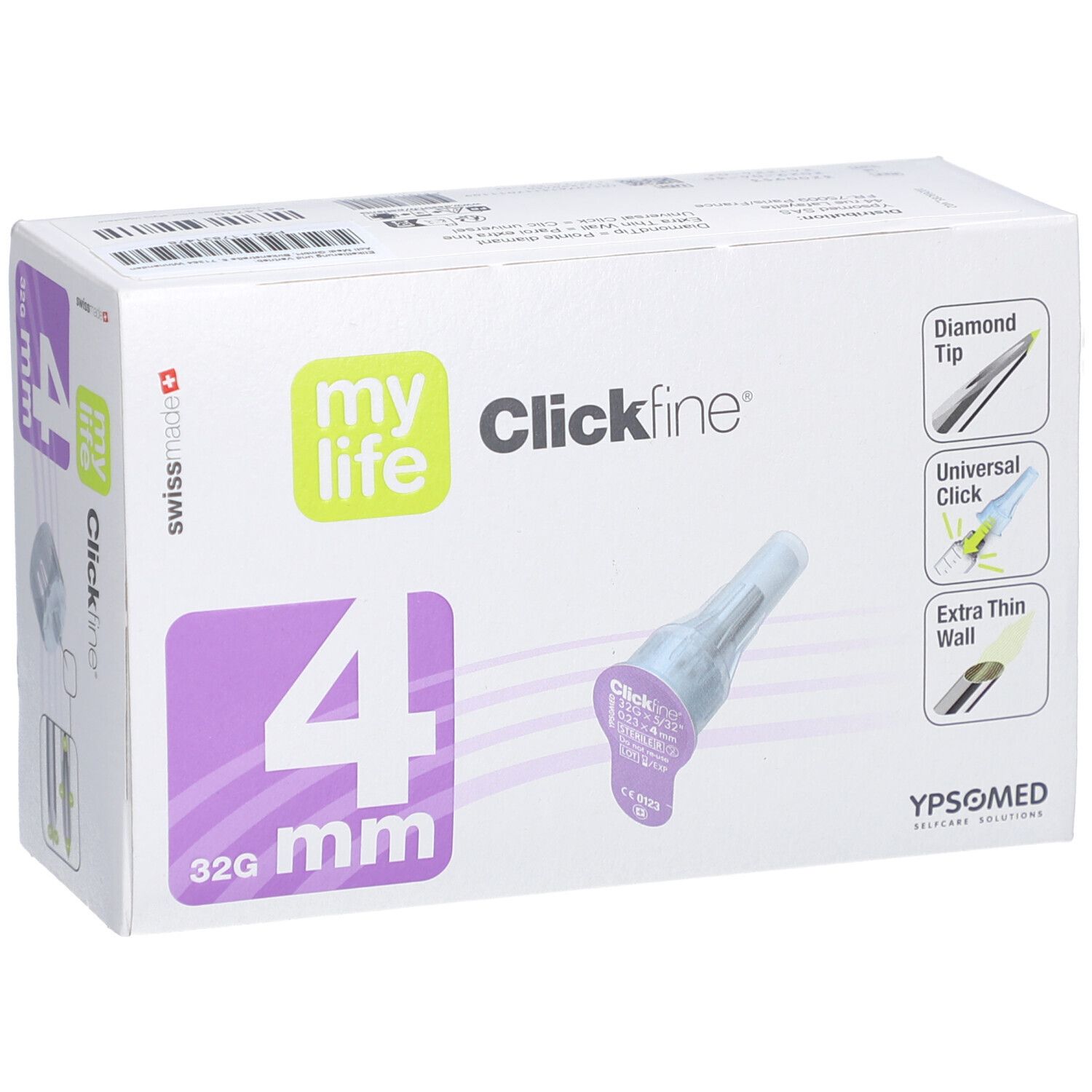 Verpackung von mylife Clickfine Pen-Nadeln 4 mm 32G. Aufdrucke: mylife, Clickfine, 4 mm, 32G. Abbildungen: Diamond Tip, Universal Click, Extra Thin Wall.