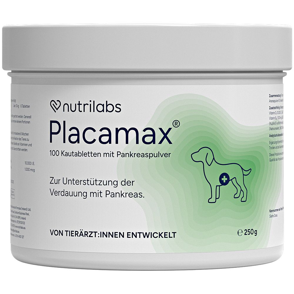 Weißes Produktglas mit Deckel. Aufdruck: Nutrilabs, Placamax, 100 Kautabletten, Hund-Symbol, 250g.