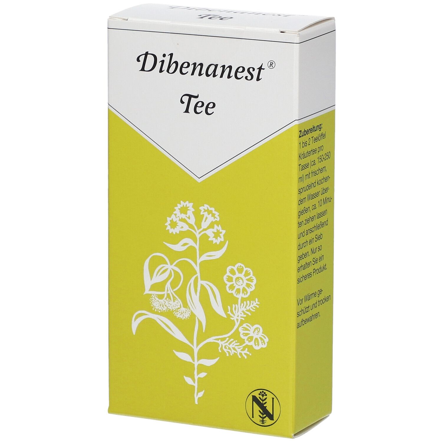 Dibenanest Tee-Verpackung. Weiß-gelbe Schachtel mit floraler Illustration und Produktnamen. Enthält Zubereitungshinweise.