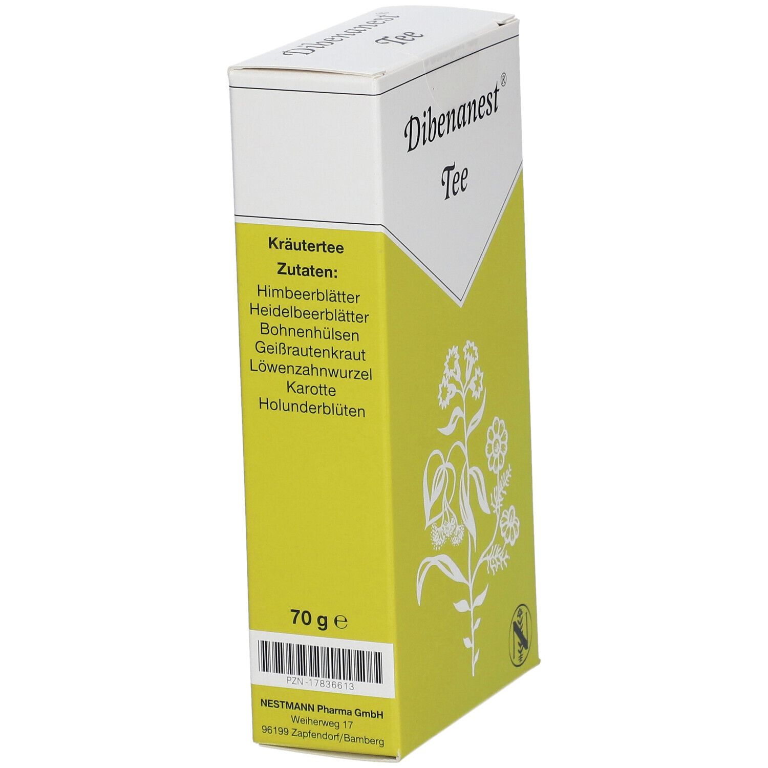 Dibenanest Tee-Verpackung. Weiß-gelbe Schachtel mit Zutatenliste und Produktnamen. Enthält Himbeerblätter, Heidelbeerblätter, etc.