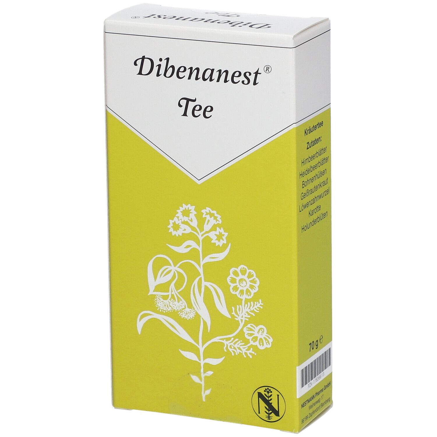 Dibenanest Tee-Verpackung. Weiß-gelbe Schachtel mit floraler Illustration und Produktnamen. Enthält Zutatenliste.