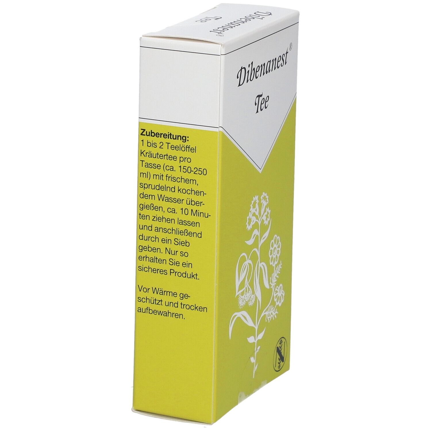 Dibenanest Tee-Verpackung. Weiß-gelbe Schachtel mit Zubereitungshinweisen und Produktnamen. Enthält Anweisungen zur Teezubereitung.
