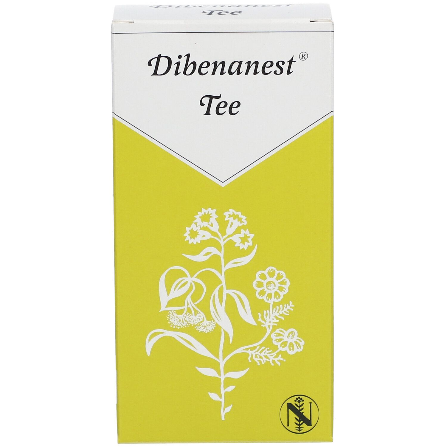 Dibenanest Tee-Verpackung. Weiß-gelbe Schachtel mit floraler Illustration und Produktnamen. Enthält das Logo.