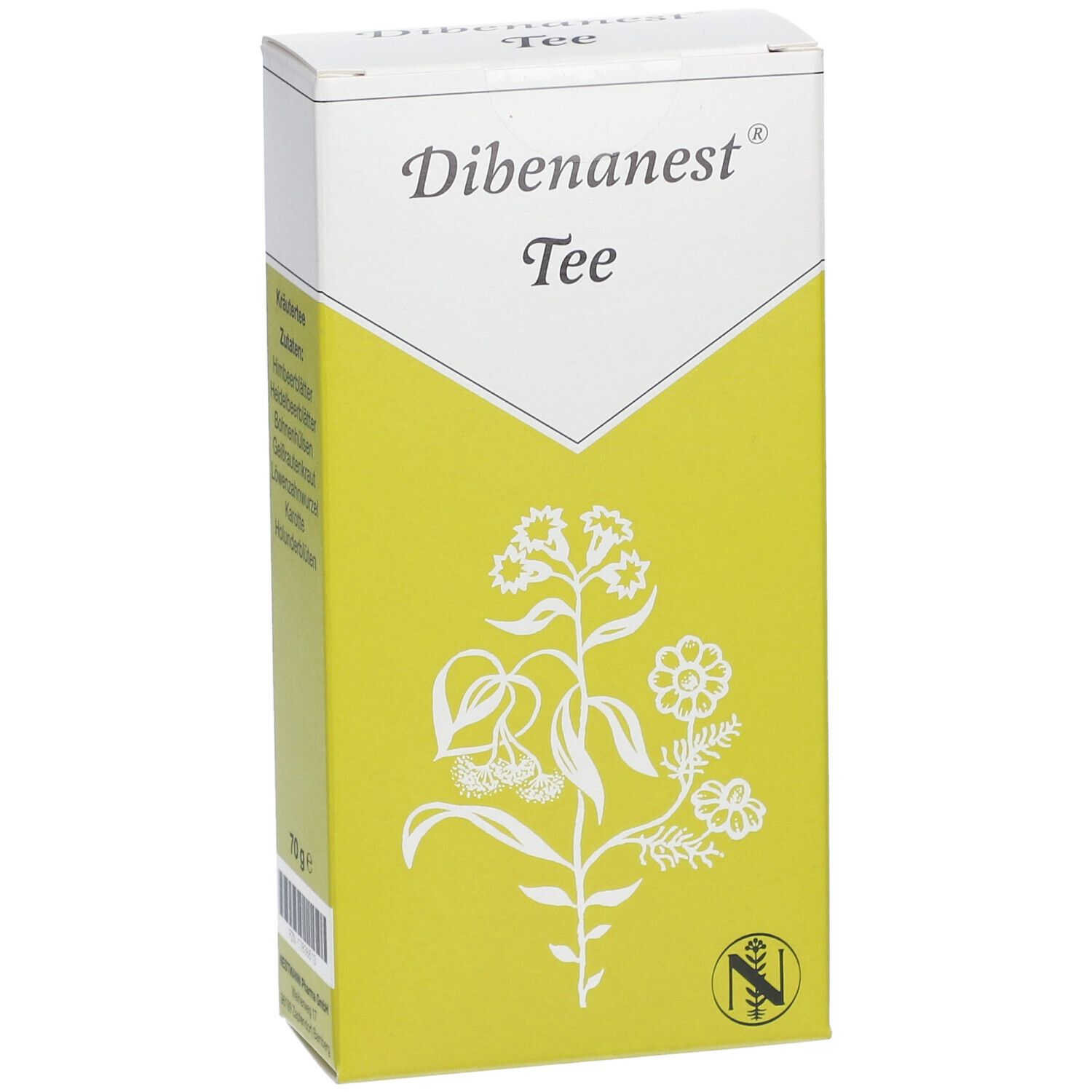 Dibenanest Tee-Verpackung. Weiß-gelbe Schachtel mit floraler Illustration und Produktnamen. Enthält das Logo und 70g.