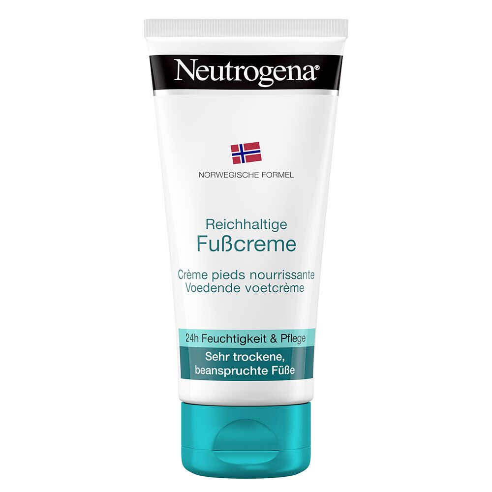 Fußcreme-Tube, weiß, blau und grün. Neutrogena-Logo und Produktbezeichnung. Norwegische Formel. Für sehr trockene Füße.