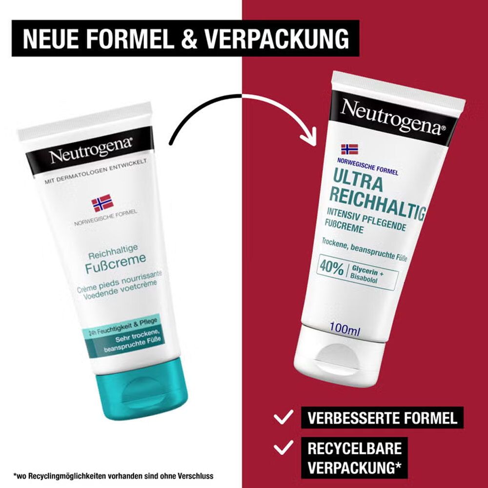Zwei Tuben Fußcreme. Links: alte Formel. Rechts: neue Formel, Ultra Reichhaltig. Verbesserte Formel und recycelbare Verpackung.