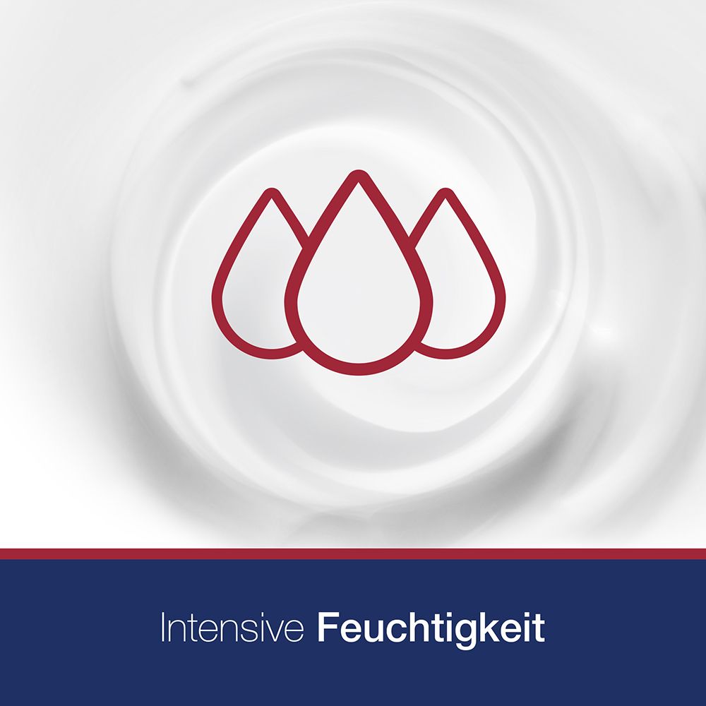 Drei rote Tropfen-Icons auf weißem Creme-Hintergrund. Text: Intensive Feuchtigkeit.