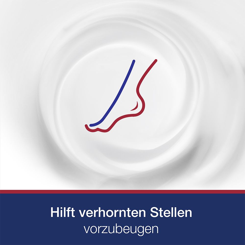 Fuß-Icon mit roter und blauer Linie auf weißem Creme-Hintergrund. Text: Hilft verhornten Stellen vorzubeugen.
