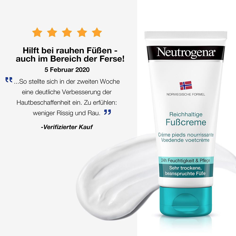 Fußcreme-Tube mit Text und Bewertung. Neutrogena-Logo und Produktbezeichnung. Norwegische Formel. Hilft bei rauen Füßen.