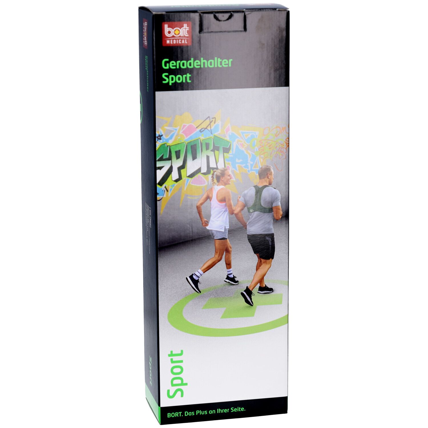 Verpackung von BORT® Geradehalter Sport. Vorderseite mit Produktabbildung, Schriftzug SPORT und Personen beim Joggen.