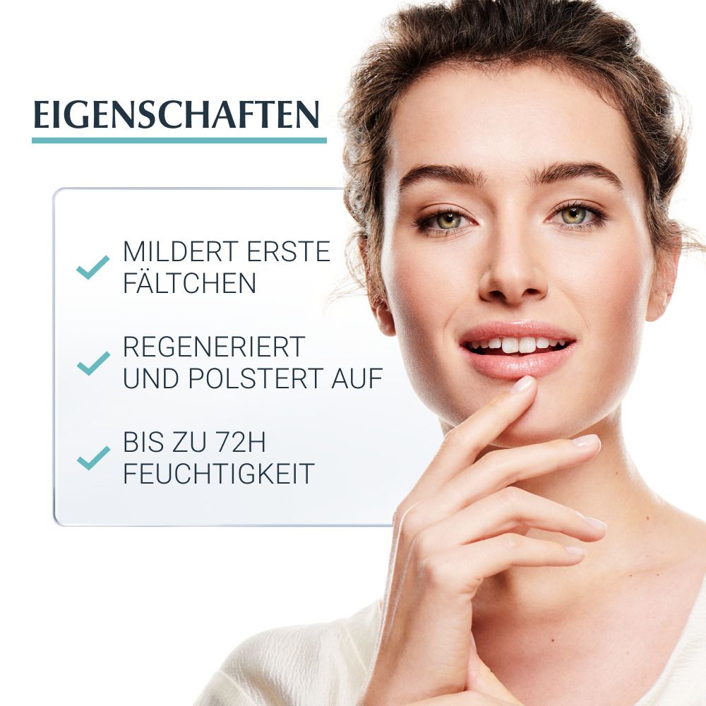 Frau mit Hautpflege-Informationen. Eigenschaften: Mildert Falten, regeneriert, bis zu 72h Feuchtigkeit.