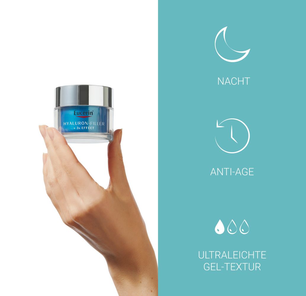 Hand hält Tiegel. Eucerin HYALURON-FILLER + 3x EFFECT. Nacht, Anti-Age, ultraleichte Gel-Textur.