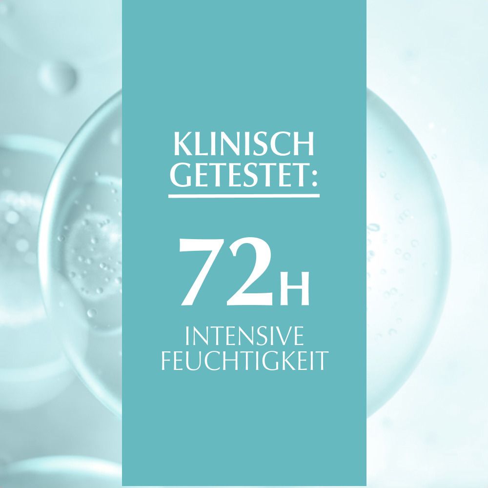 Text: Klinisch getestet: 72H intensive Feuchtigkeit. Türkisfarbener Hintergrund.