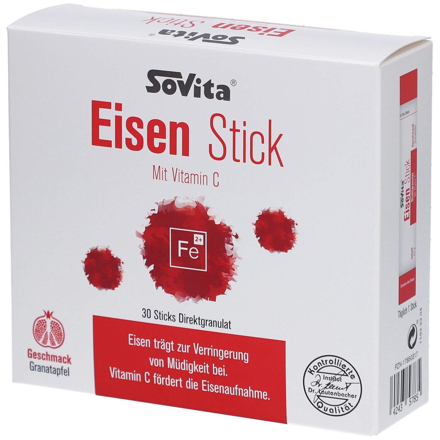 Weiße Schachtel mit roter Schrift. Aufschrift: Sovita Eisen Stick mit Vitamin C. 30 Sticks Direktgranulat. Granatapfel-Geschmack.