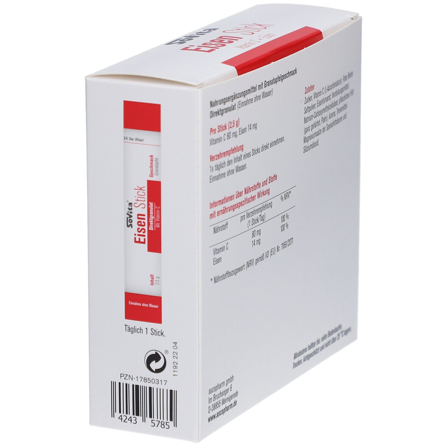 Weiße Schachtel mit roter Schrift. Aufschrift: Sovita Eisen Stick mit Vitamin C. Einzelner Stick sichtbar. Tägliche Einnahme: 1 Stick.
