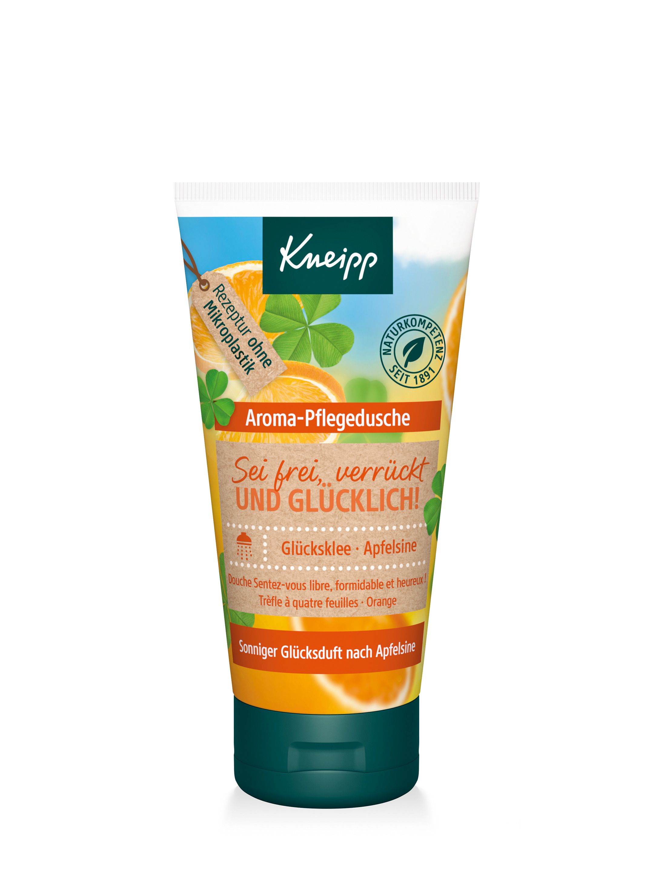 Tube mit Kneipp Aroma-Pflegedusche. Vorderseite mit Produktnamen, Kleeblatt-Motiv und Orange. Label "Rezeptur ohne Mikroplastik".