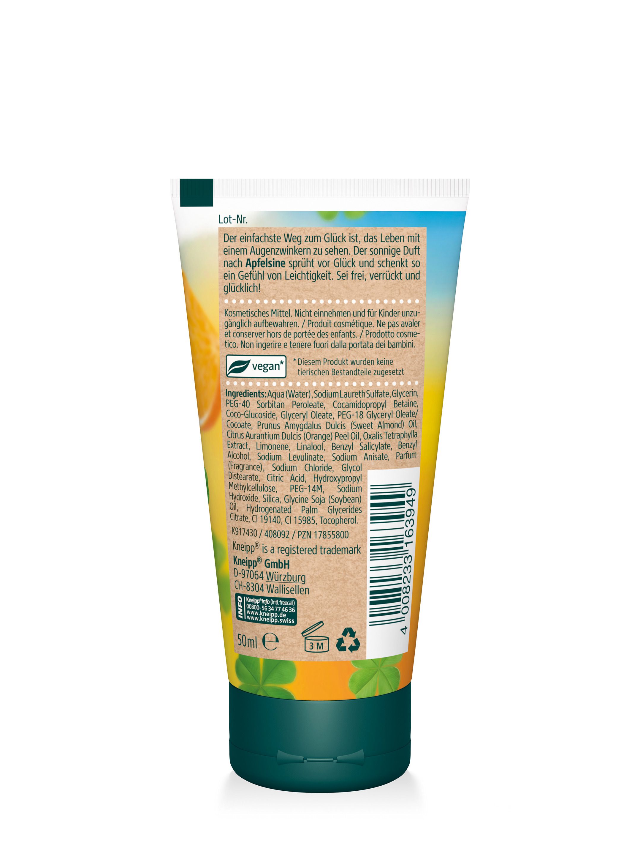 Rückseite der Tube mit Kneipp Aroma-Pflegedusche. Text mit Inhaltsstoffen, vegan-Logo und Herstellerinformationen. 50ml.