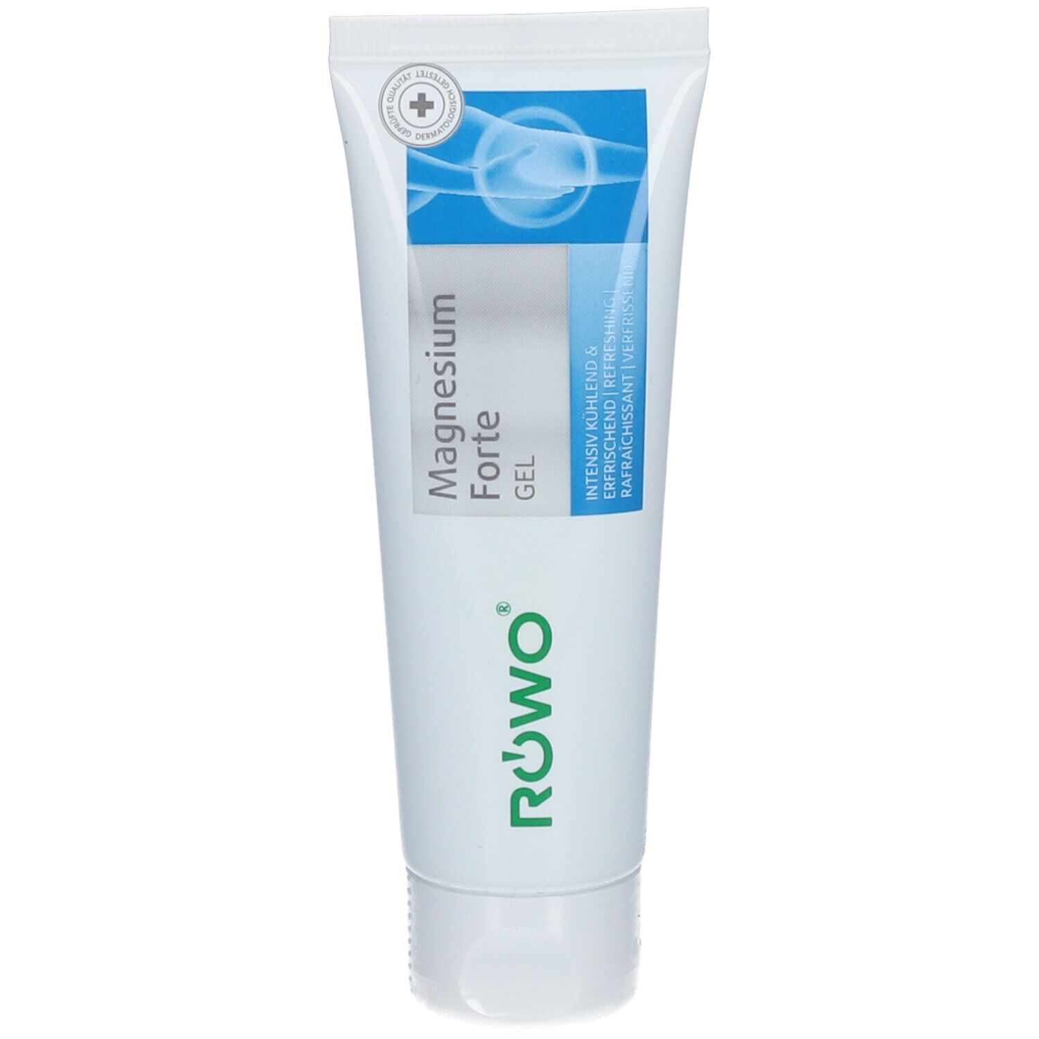 Weiß-blaue Tube mit RÖWO Magnesium Forte Gel. Text: Magnesium Forte Gel, intensiv kühlend, erfrischend. Grünes Logo.