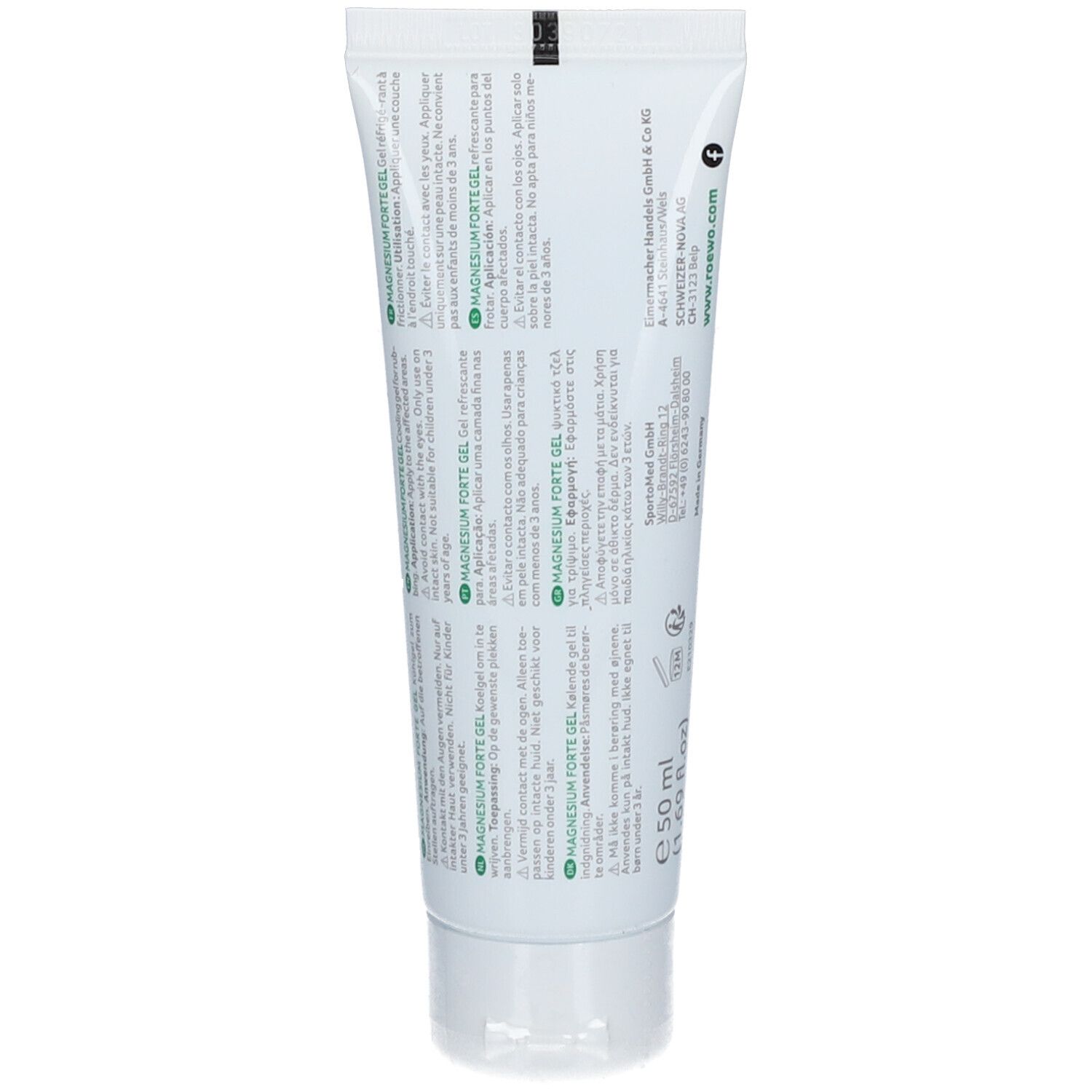 Rückseite der Tube mit mehrsprachigen Produktinformationen. Text: Magnesium Forte Gel, Anwendungshinweise, Inhaltsstoffe.