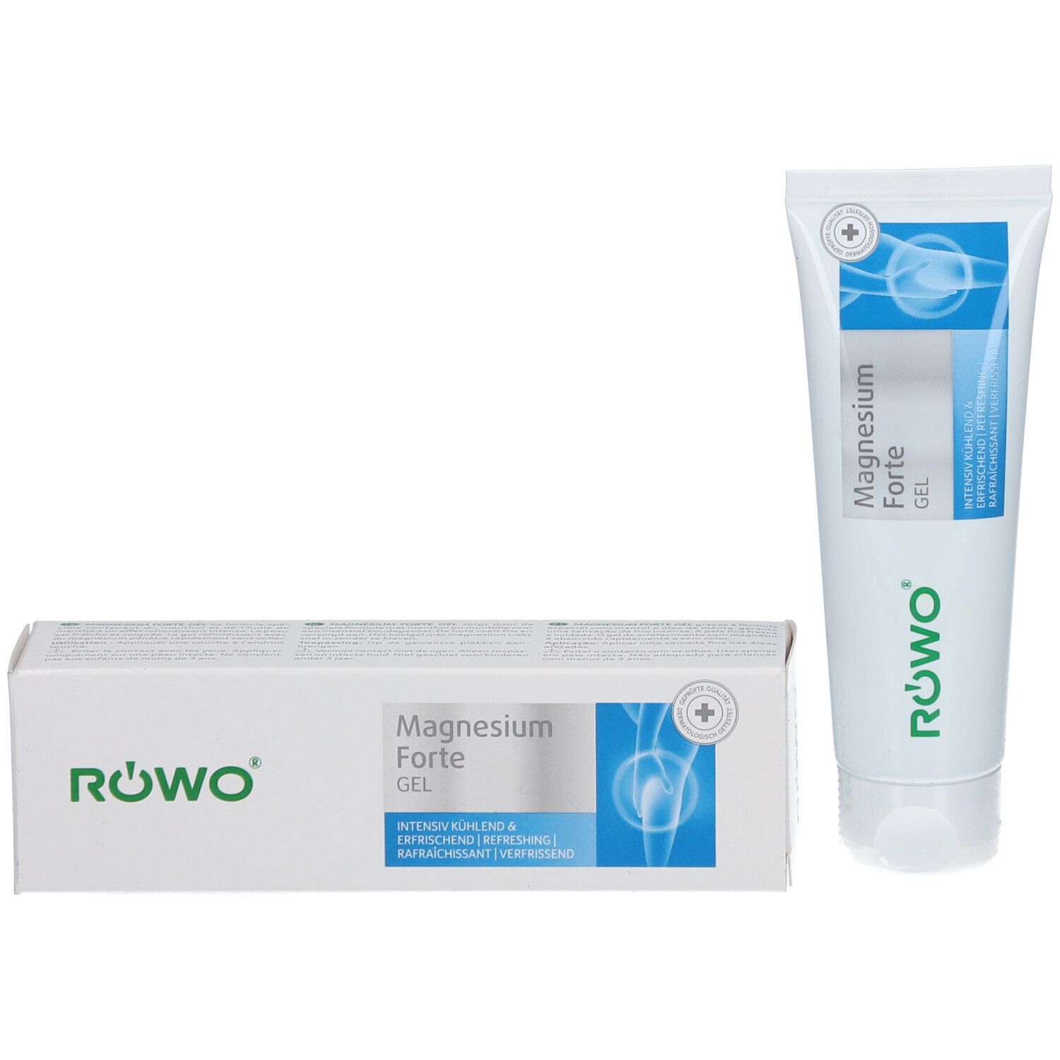 Produktverpackung mit Tube RÖWO Magnesium Forte Gel. Karton und Tube zeigen Produktnamen und Logo.