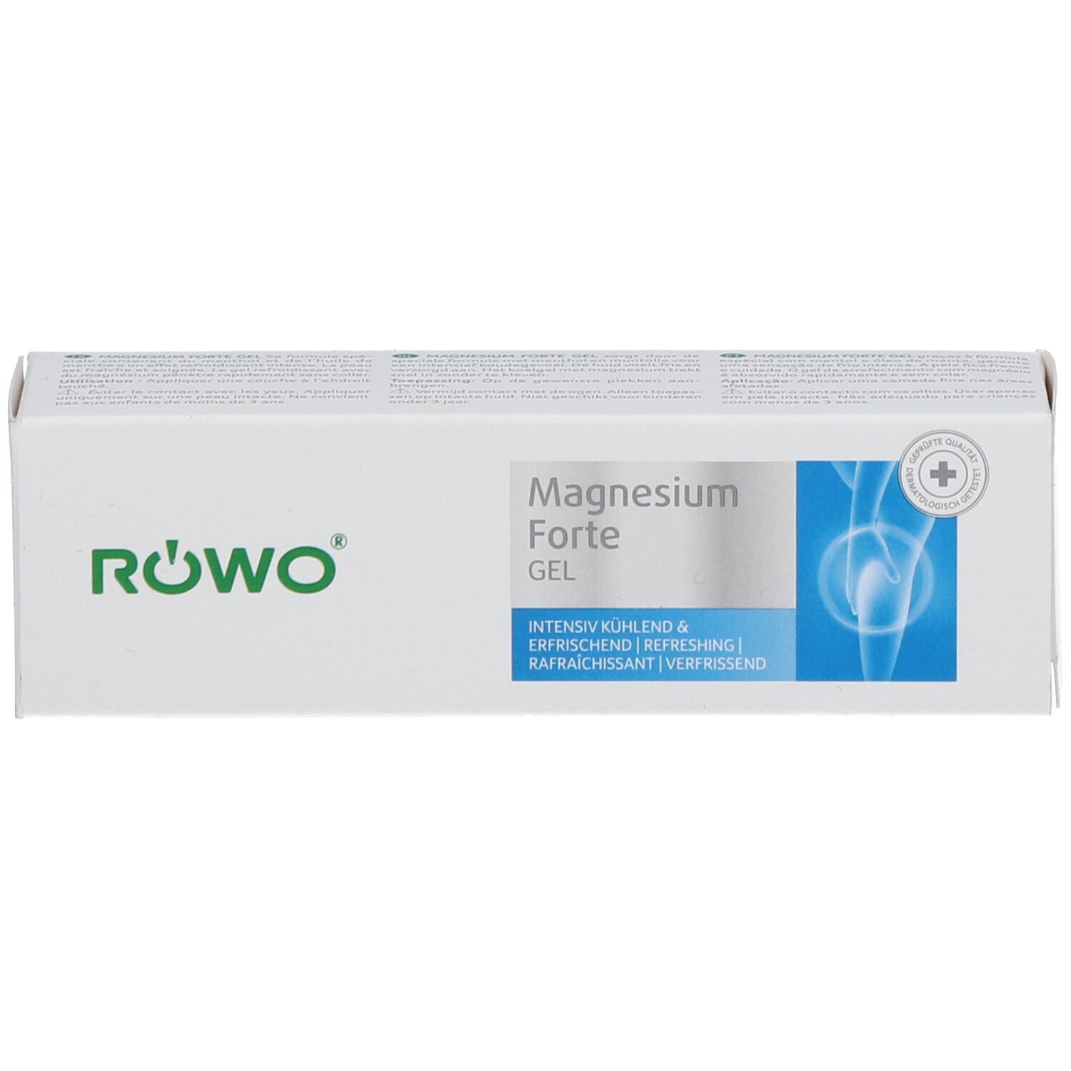 Weiße Produktverpackung mit RÖWO Magnesium Forte Gel. Text: Magnesium Forte Gel, Logo, Produktinformationen.