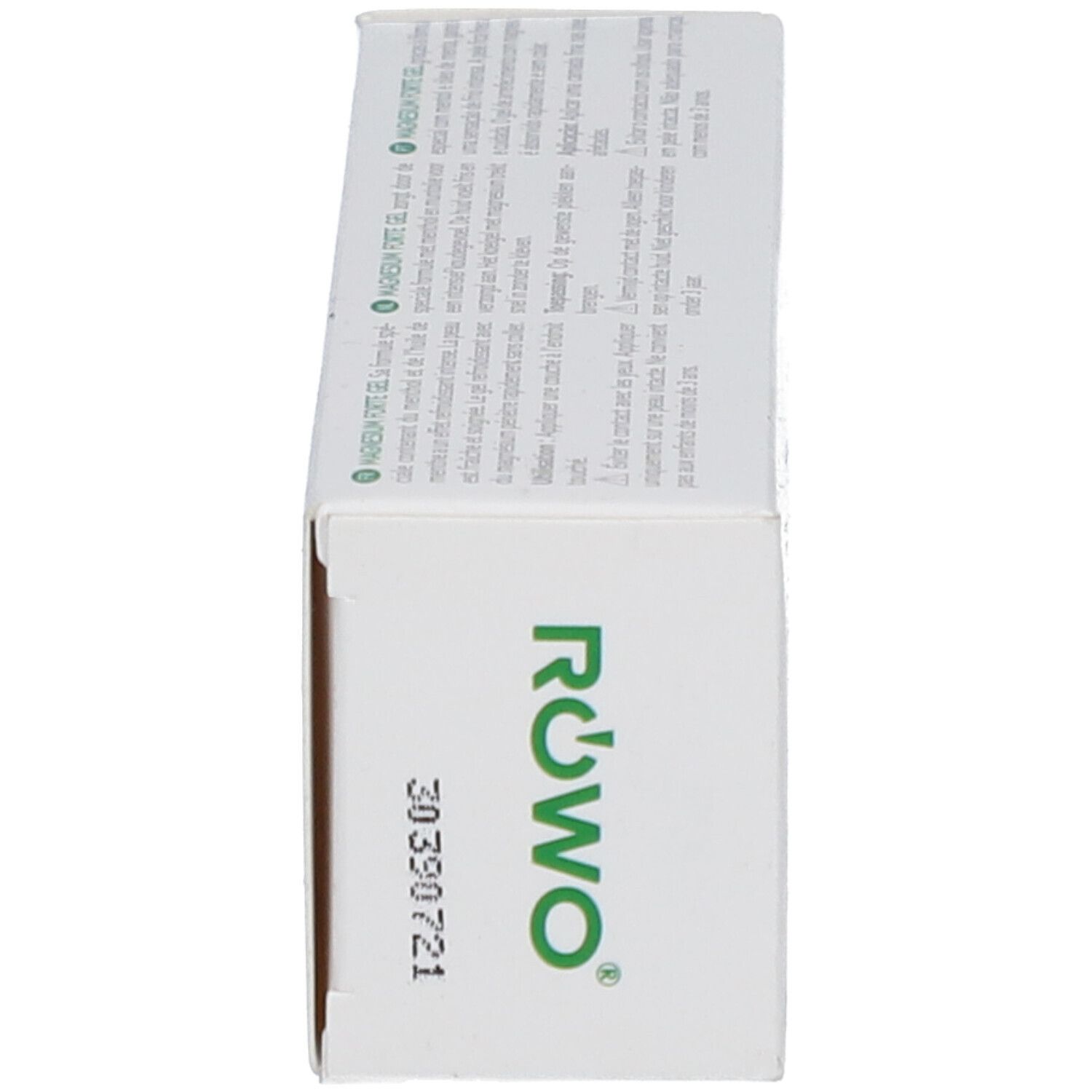 Seitenansicht der Produktverpackung. Grünes RÖWO Logo, Produktname, Barcode, und Produktnummer.