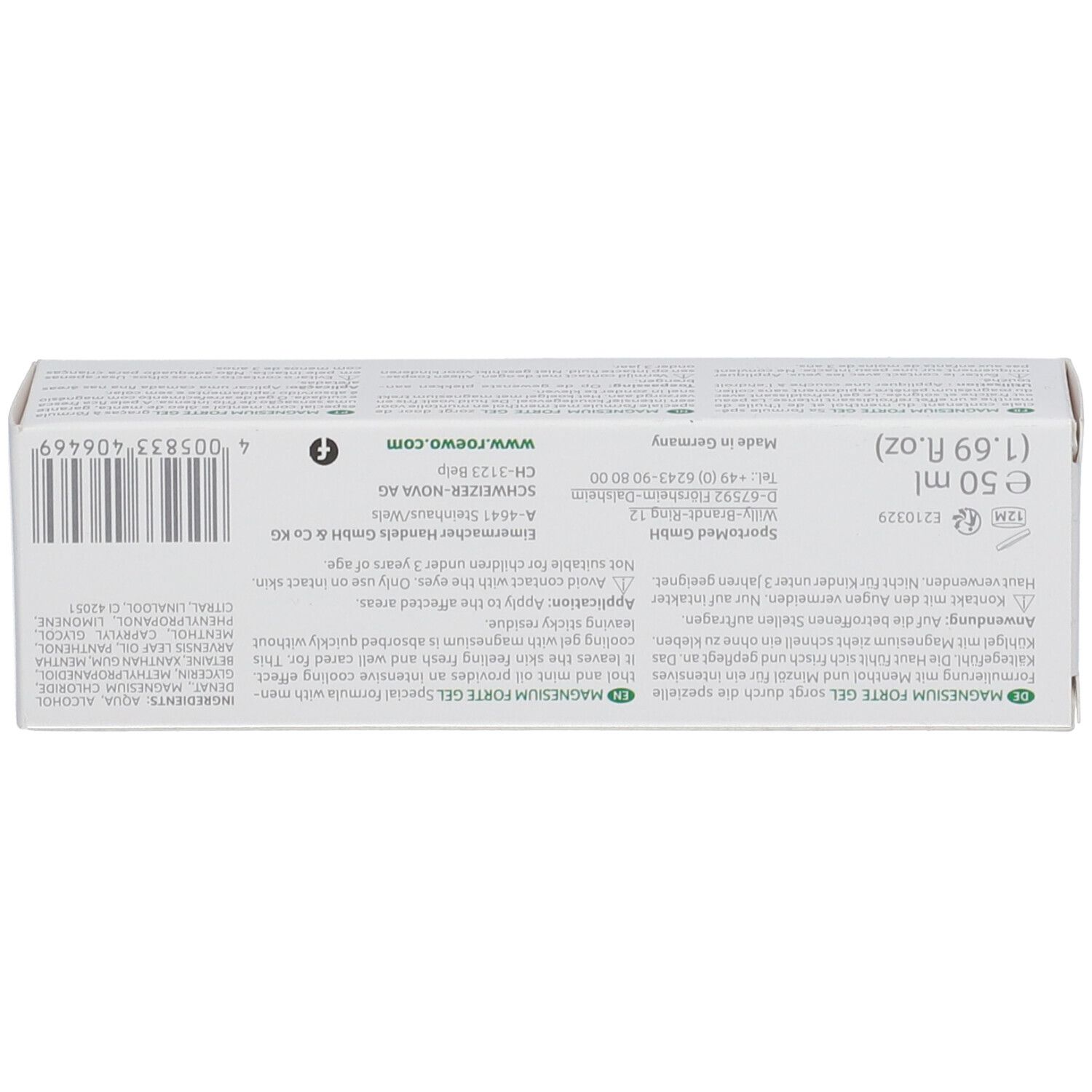 Rückseite der Produktverpackung. Text: Produktinformationen, Hersteller, Inhaltsstoffe, Volumen.