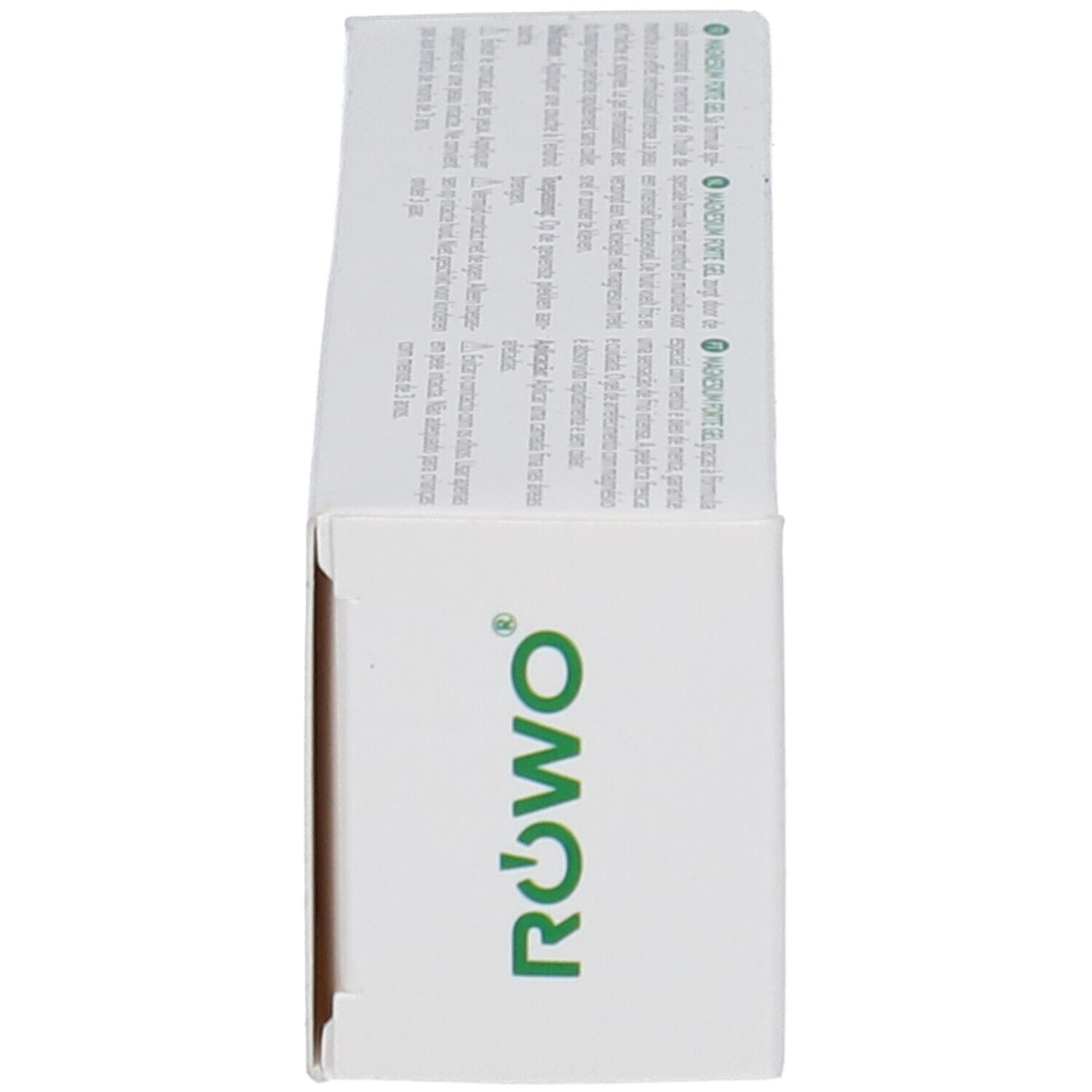 Seitenansicht der Produktverpackung. Grünes RÖWO Logo, Produktname, und Produktinformationen.