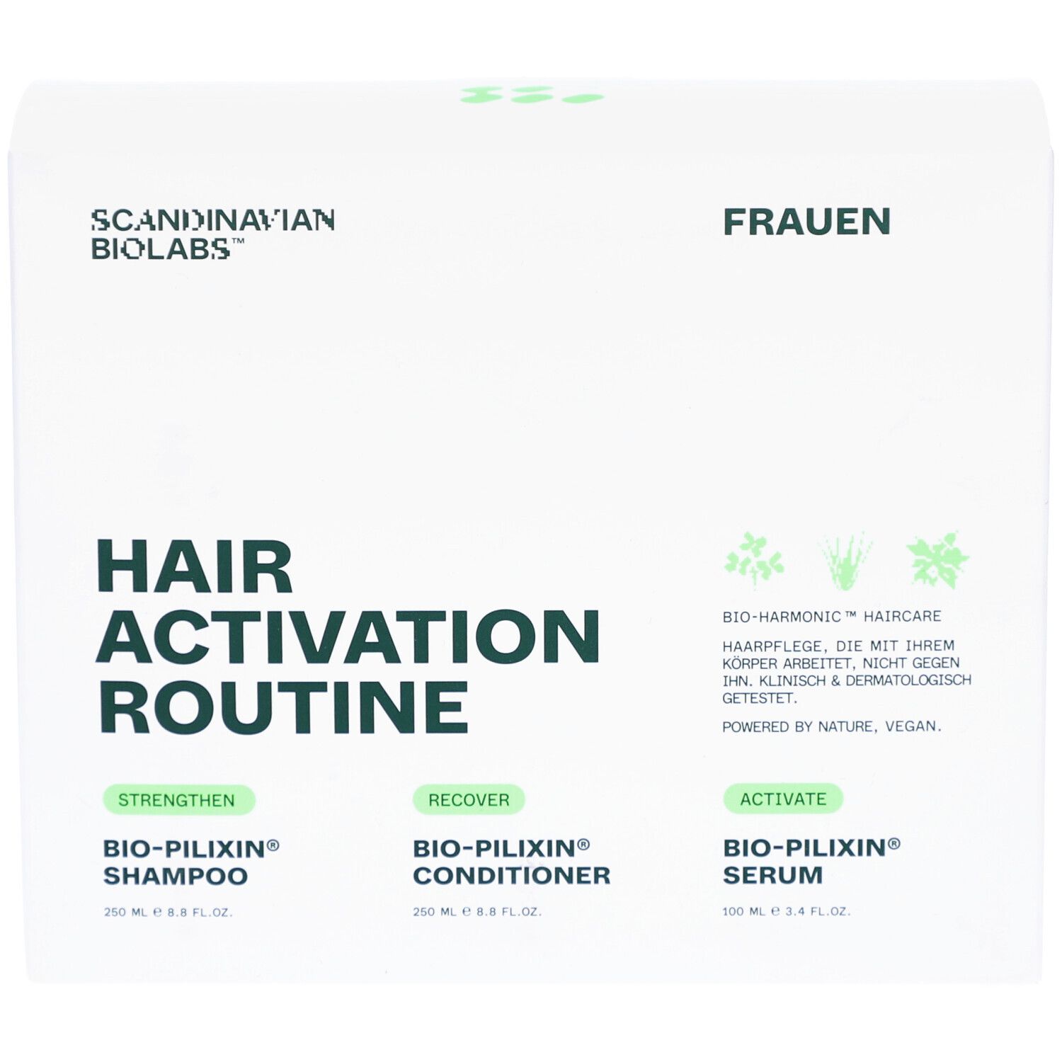Produktverpackung. Weißer Karton mit Produktnamen und Logo. Enthält Shampoo, Conditioner und Serum. Text: Hair Activation Routine.