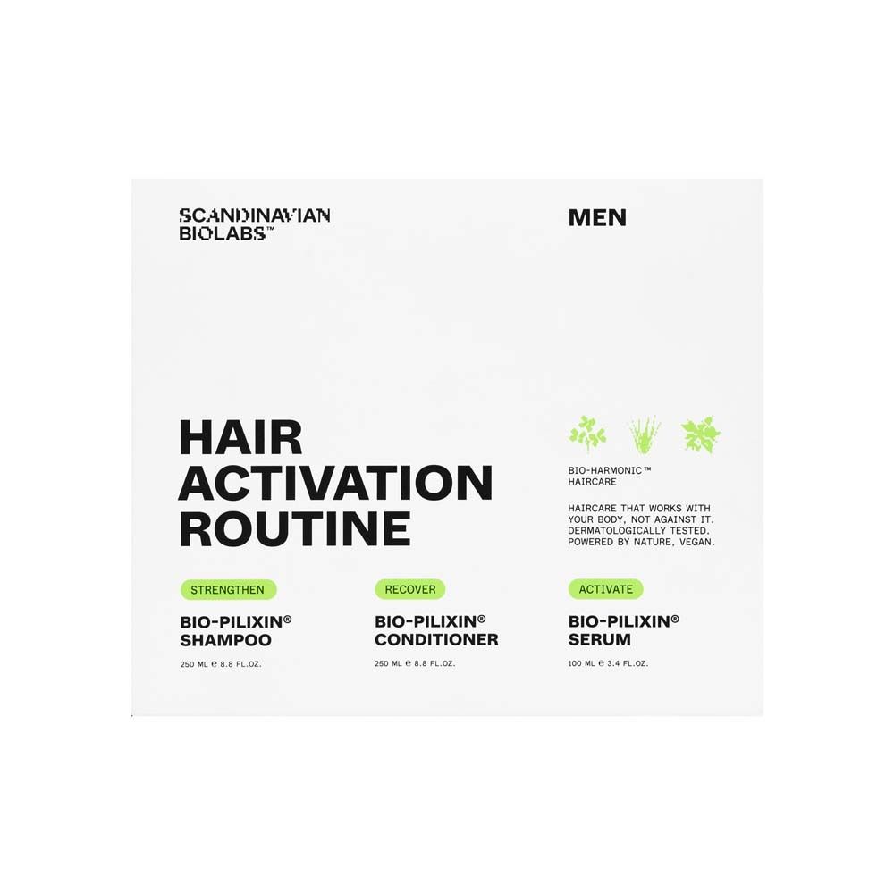 Verpackung des Sets für Männer. Enthält Shampoo, Conditioner und Serum. Text: Hair Activation Routine.