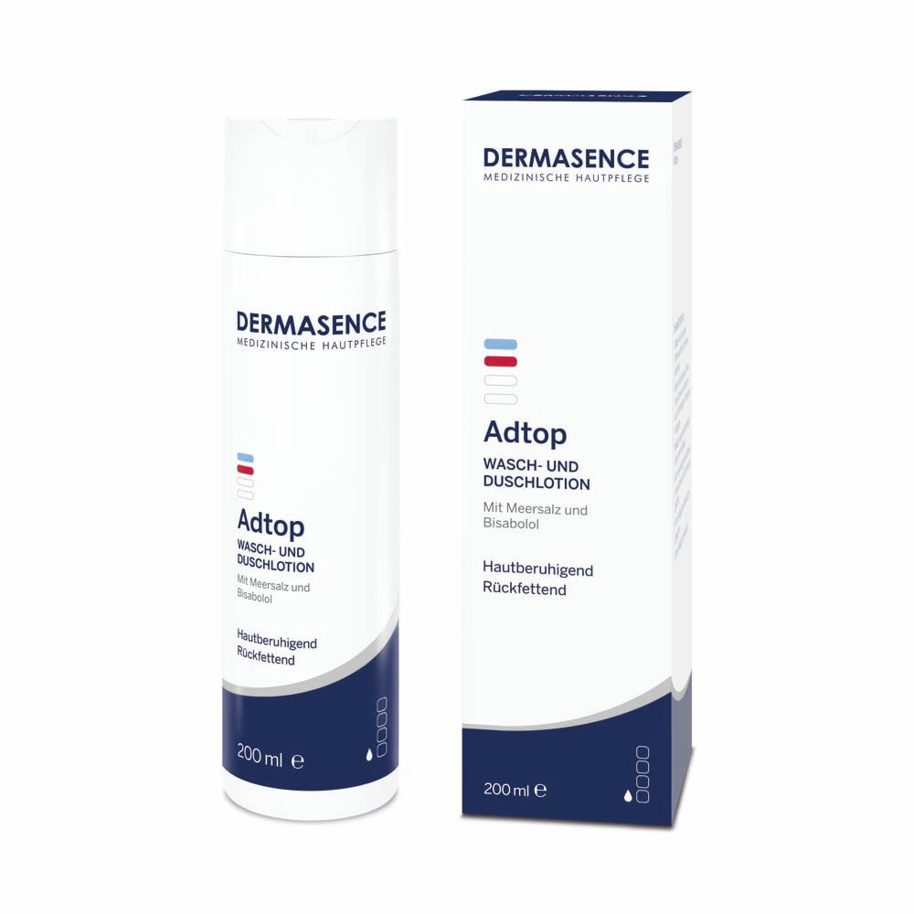 Weiß-blaue Flasche mit "DERMASENCE Adtop WASCH- UND DUSCHLOTION". 200 ml. Mit Meersalz und Bisabolol.