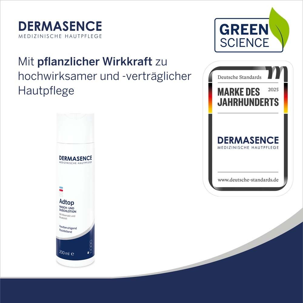 Produkt mit "GREEN SCIENCE"-Siegel und Auszeichnung "Marke des Jahrhunderts". Flasche "DERMASENCE Adtop".
