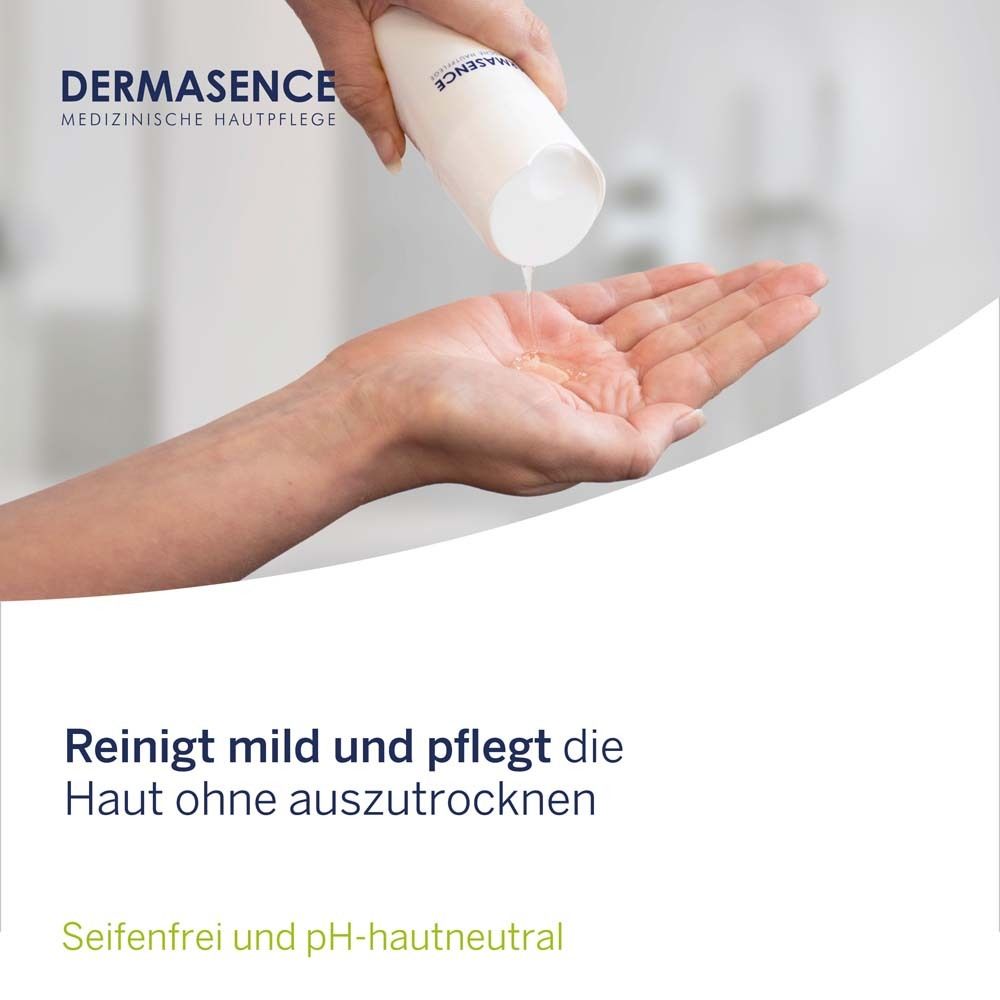 Hände mit Produkt. Text: Reinigt mild und pflegt die Haut ohne auszutrocknen. Seifenfrei und pH-hautneutral.