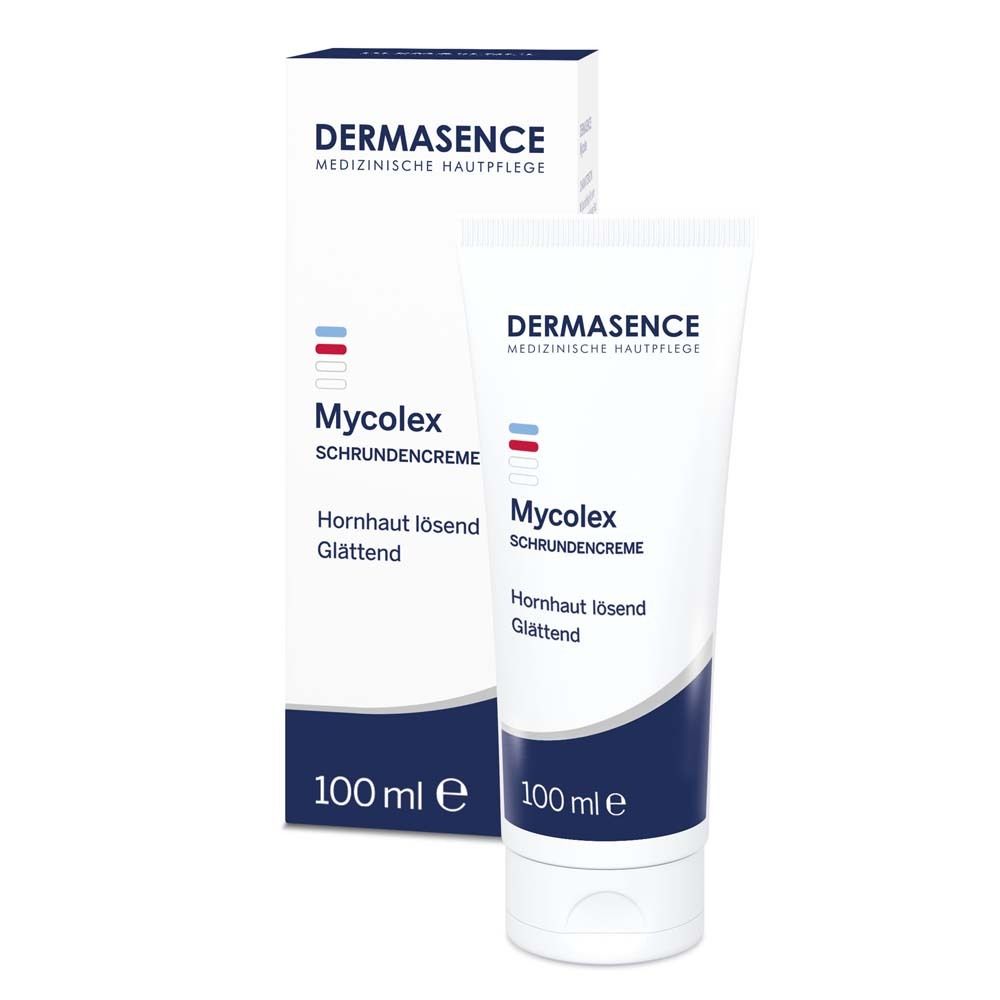 Tube DERMASENCE Mycolex Schrundencreme, 100 ml. Weiße Tube mit blauer und roter Beschriftung. Produktname und Marke deutlich sichtbar.