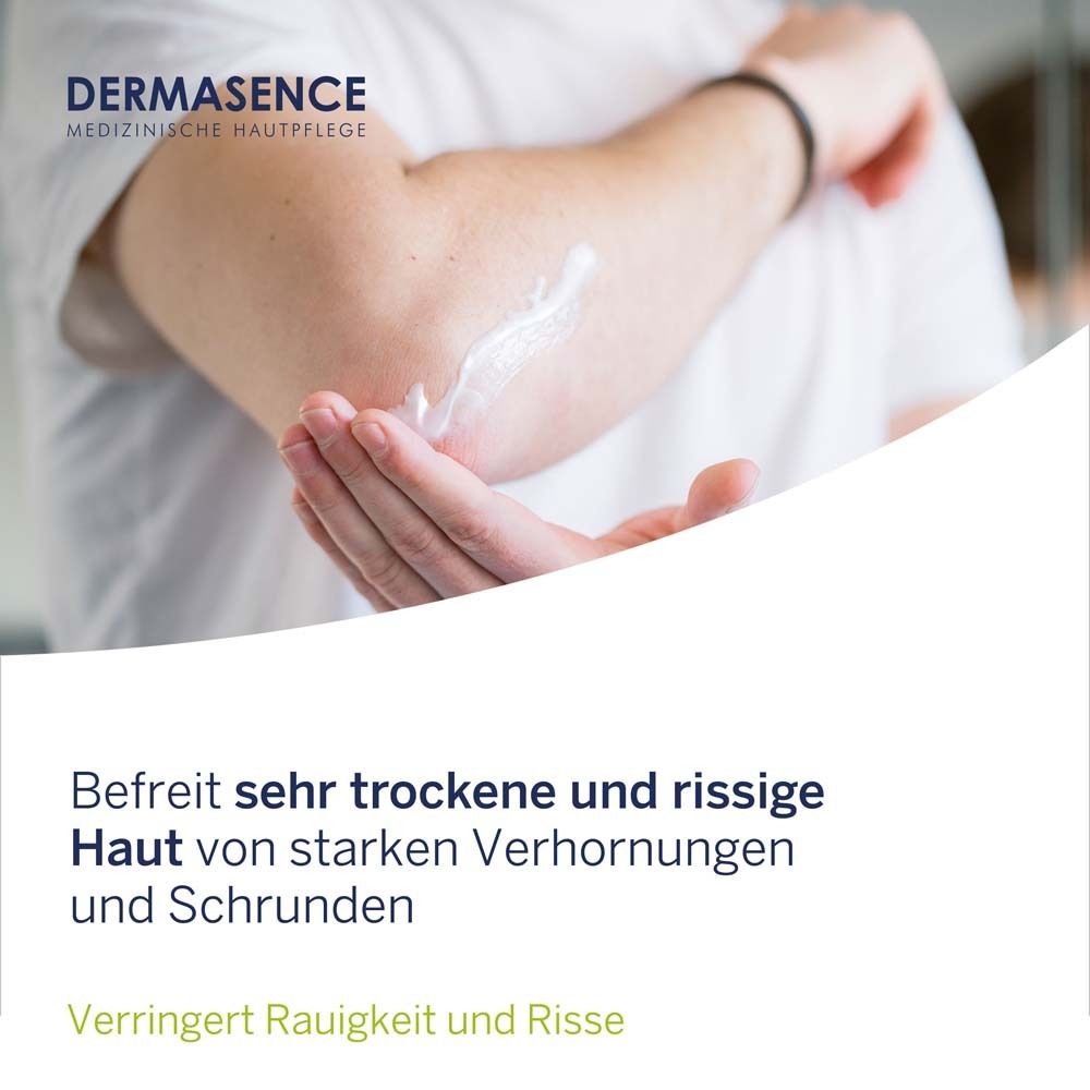 Tube DERMASENCE Mycolex Schrundencreme. Text: Hautfeuchtigkeit wird erhöht und Haut geglättet. Hoher Ureaanteil.