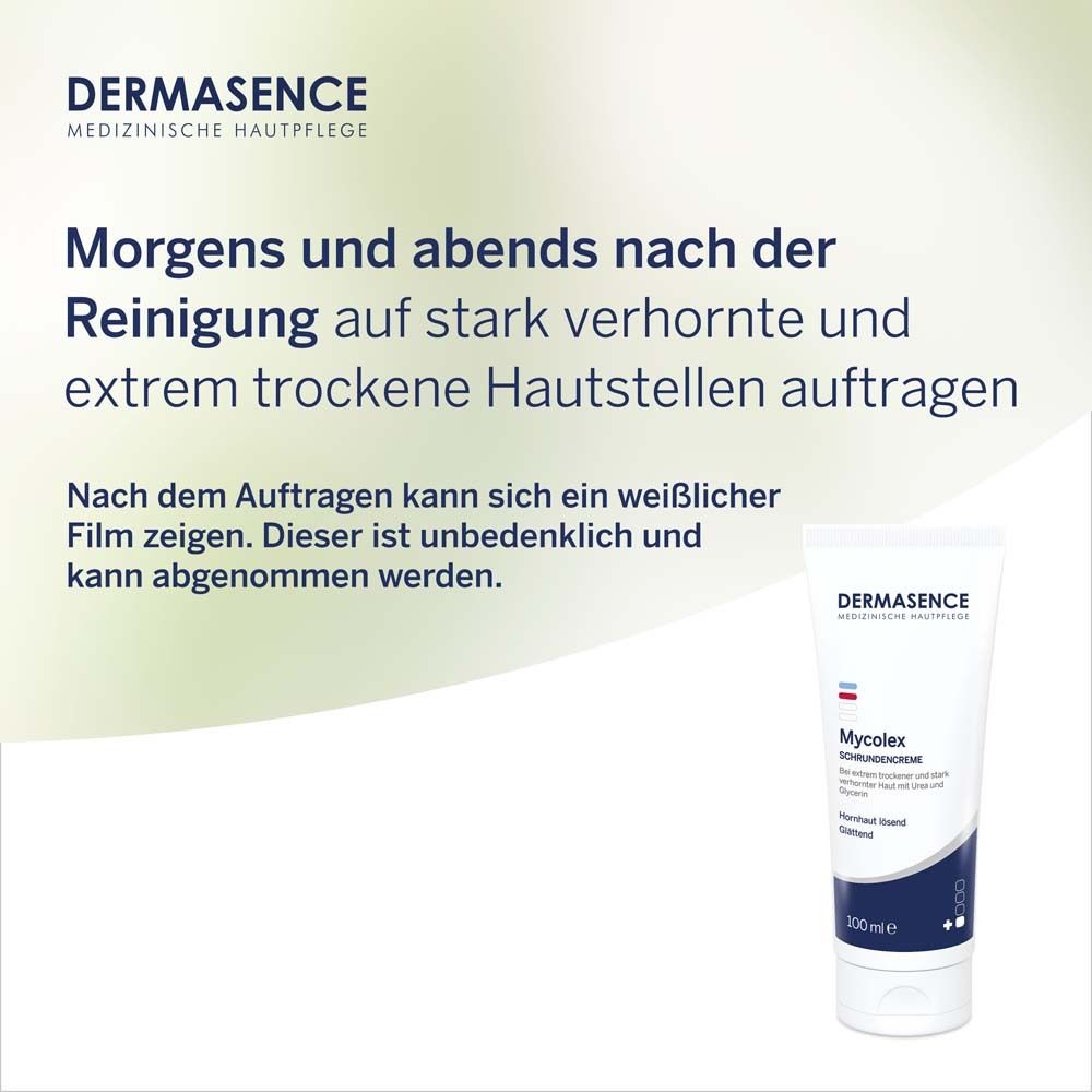 Tube DERMASENCE Mycolex Schrundencreme. Text: Morgens und abends auf stark verhornte und extrem trockene Hautstellen auftragen.