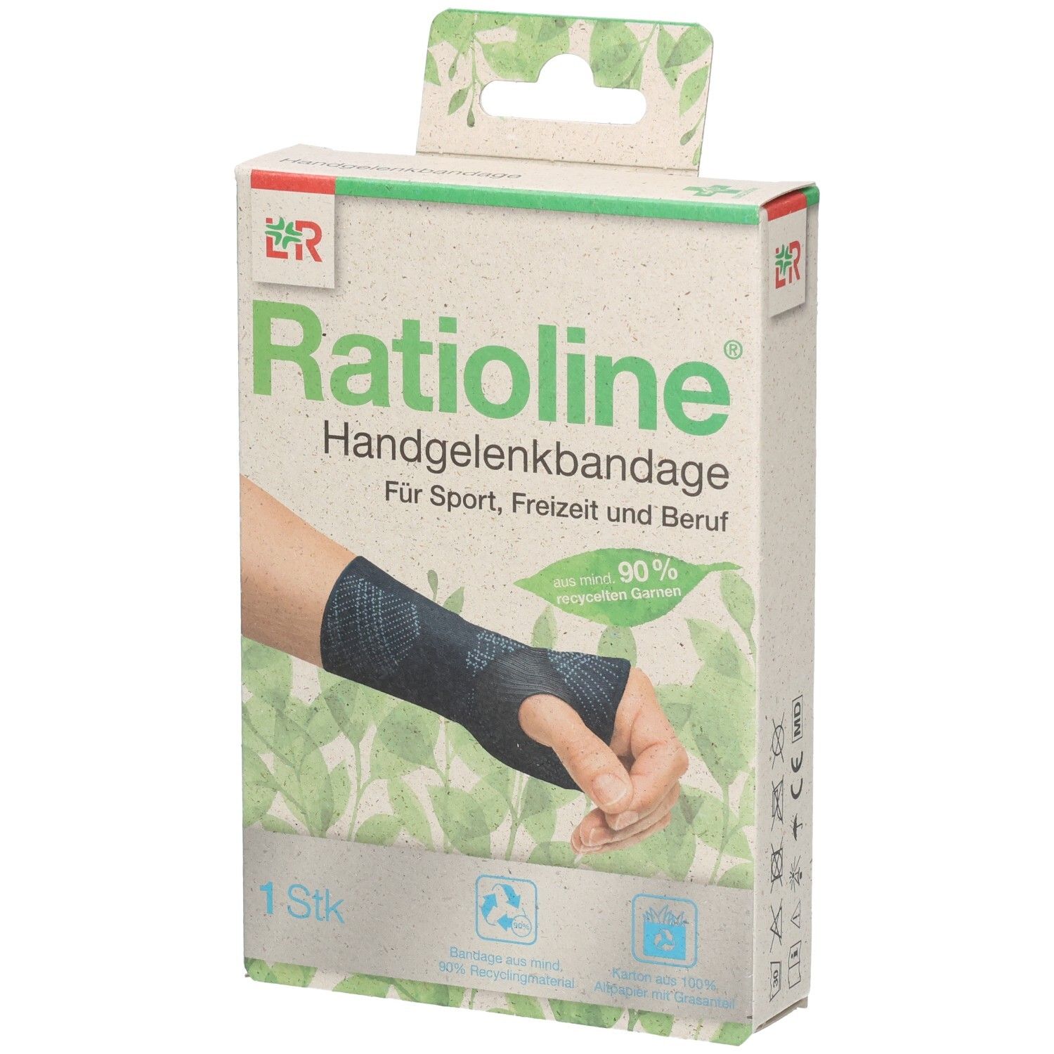 Ratioline Handgelenkbandage Kartonverpackung mit Abbildung einer Hand mit Bandage.
