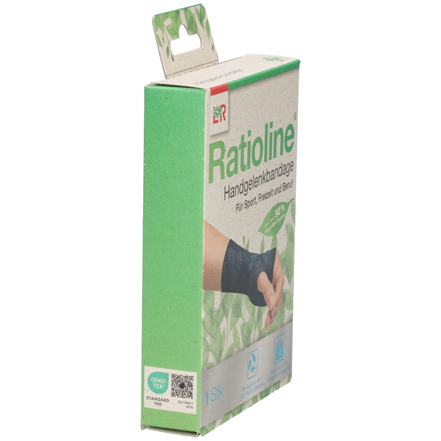 Ratioline Handgelenkbandage Kartonverpackung, Seitenansicht.