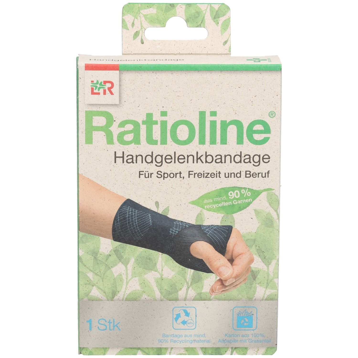 Ratioline Handgelenkbandage Kartonverpackung mit Abbildung einer Hand mit Bandage.
