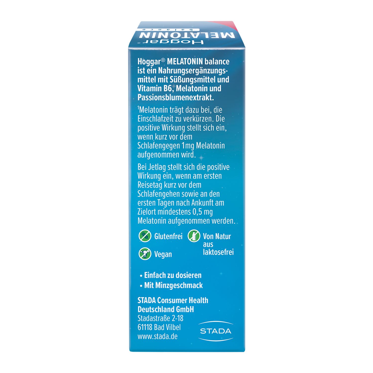 Rückseite der Hoggar® Melatonin Verpackung. Text: Nahrungsergänzungsmittel mit Süßungsmittel, glutenfrei, vegan, laktosefrei.