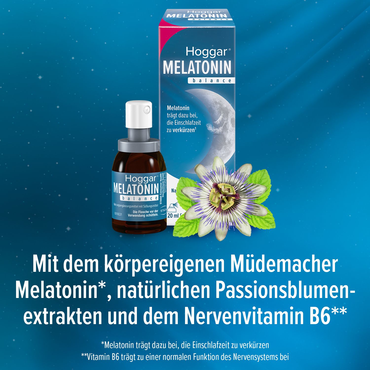 Hoggar® Melatonin Spray und Verpackung. Text: Mit Melatonin, Passionsblumenextrakten und Nervenvitamin B6.