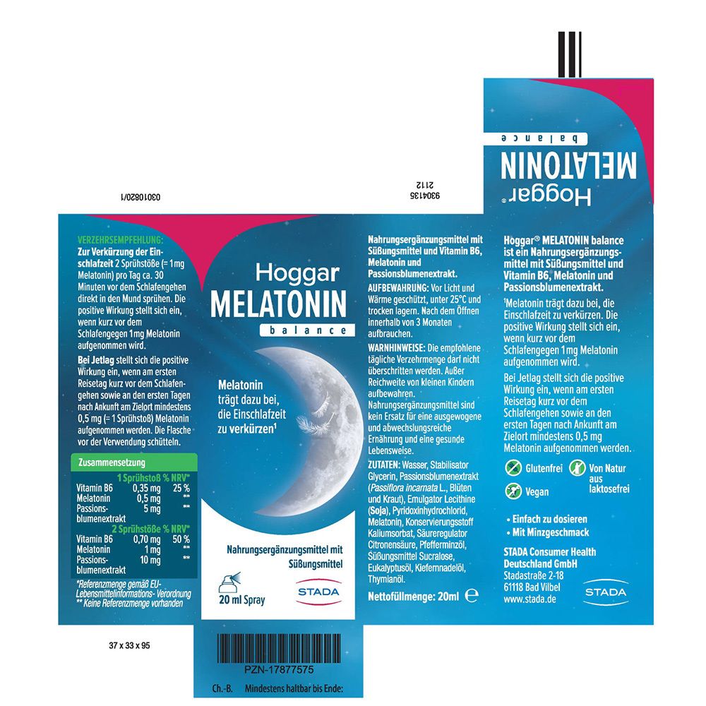 Verpackung von Hoggar® Melatonin. Text: Nahrungsergänzungsmittel mit Süßungsmittel. 20 ml Spray.