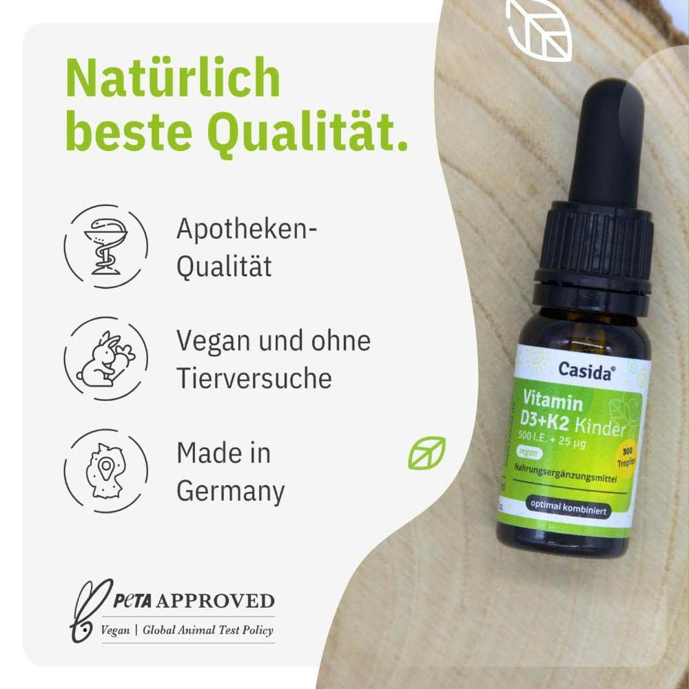 Grafik mit Flasche und Text: Apotheken-Qualität, Vegan und ohne Tierversuche, Made in Germany. PETA Approved.