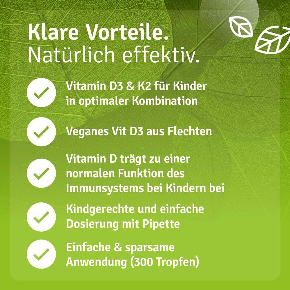 Grafik mit Flasche und Text: Vitamin D3 & K2 für Kinder, veganes Vit D3, normale Immunfunktion, kindgerechte Dosierung.