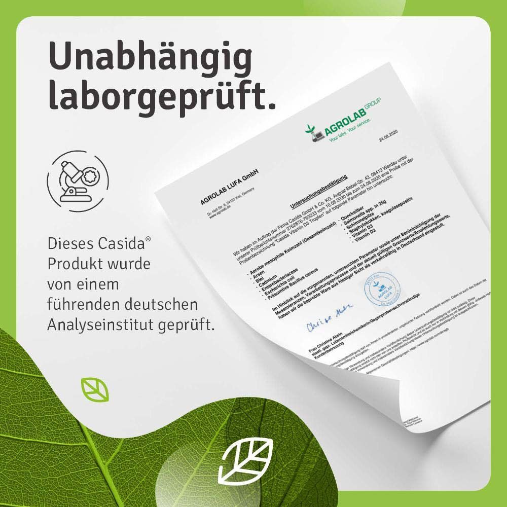 Zertifikat von Agrolab LUFA GmbH. Text: Dieses Casida Produkt wurde von einem führenden deutschen Analyseinstitut geprüft.