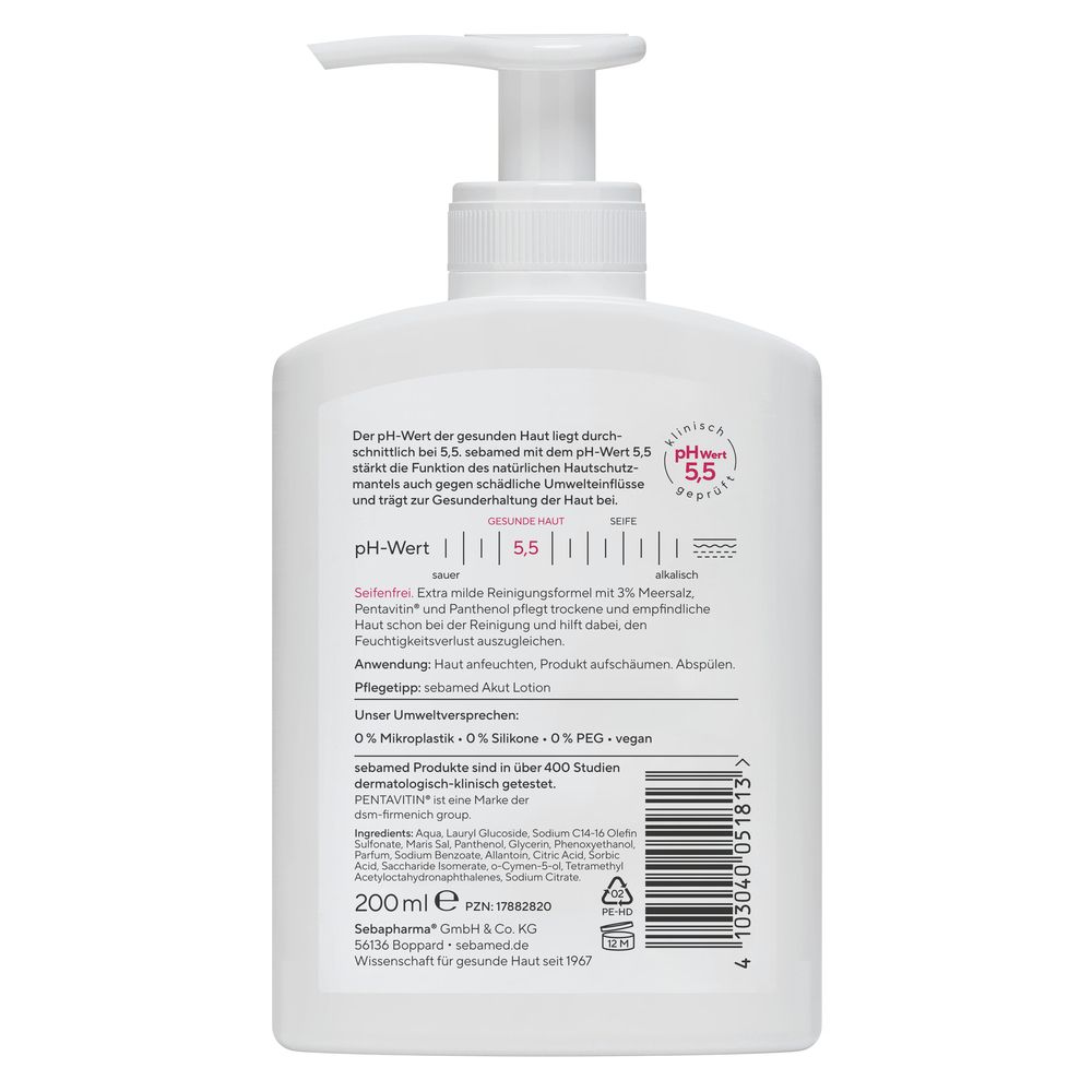 Rückseite der sebamed® MEERSALZ WASCH-EMULSION. Text mit Informationen zum pH-Wert, Inhaltsstoffen und Umweltversprechen.