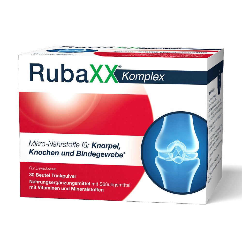 Weiß-rote Schachtel mit "RubaXX Komplex"-Logo und Kniegelenk-Illustration. Enthält 30 Beutel Trinkpulver.