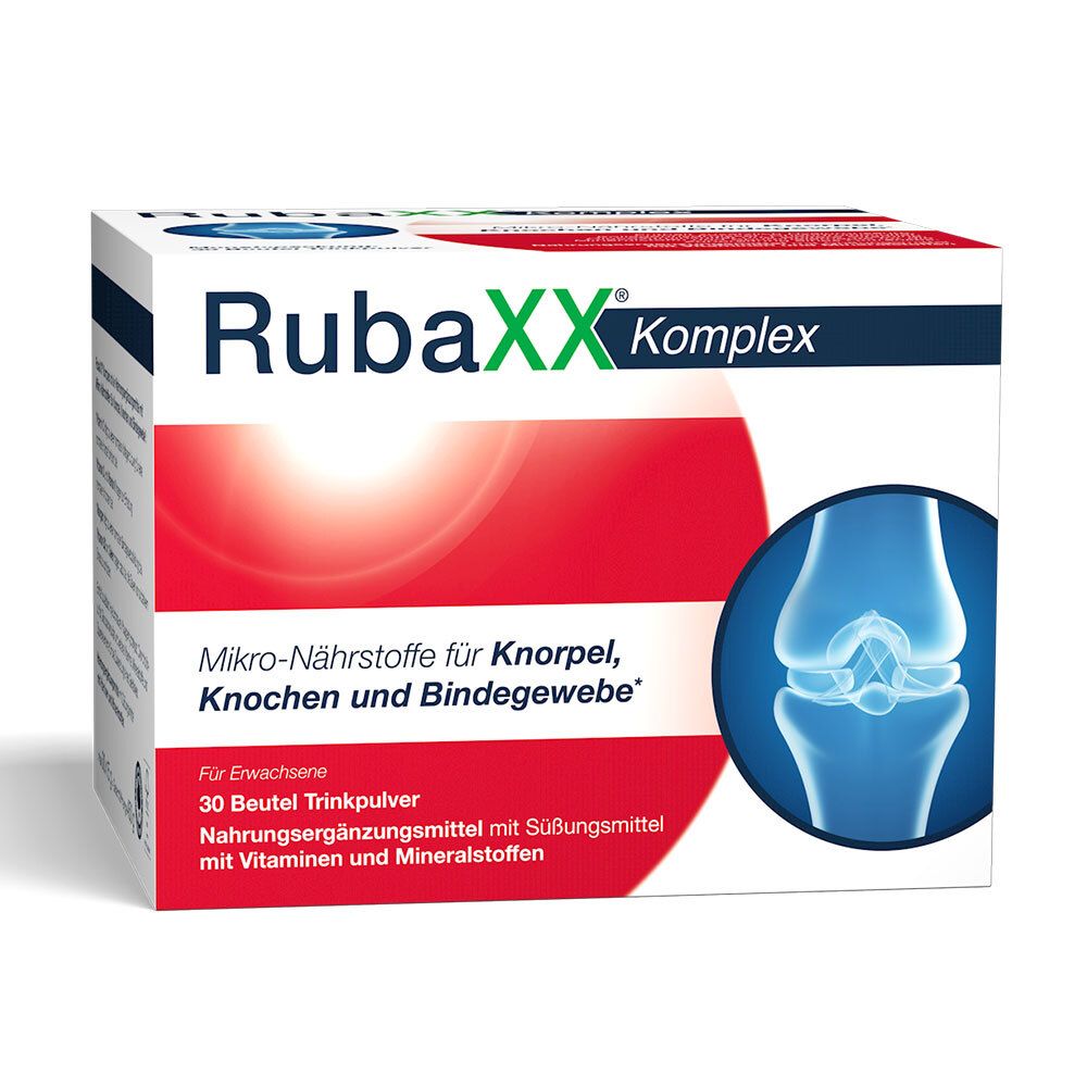 Weiß-rote Schachtel mit "RubaXX Komplex"-Logo und Kniegelenk-Illustration. Enthält 30 Beutel Trinkpulver.