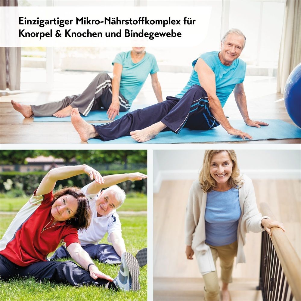 Aktive Senioren bei Gymnastikübungen, die die Beweglichkeit von Knorpel, Knochen und Bindegewebe fördern.